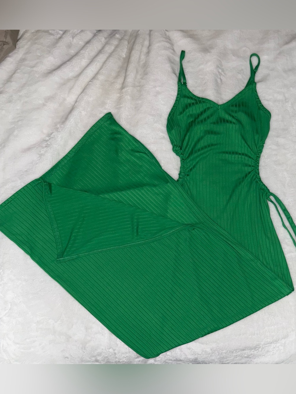 Green Ribbed Slip Dress with Side Drawstring